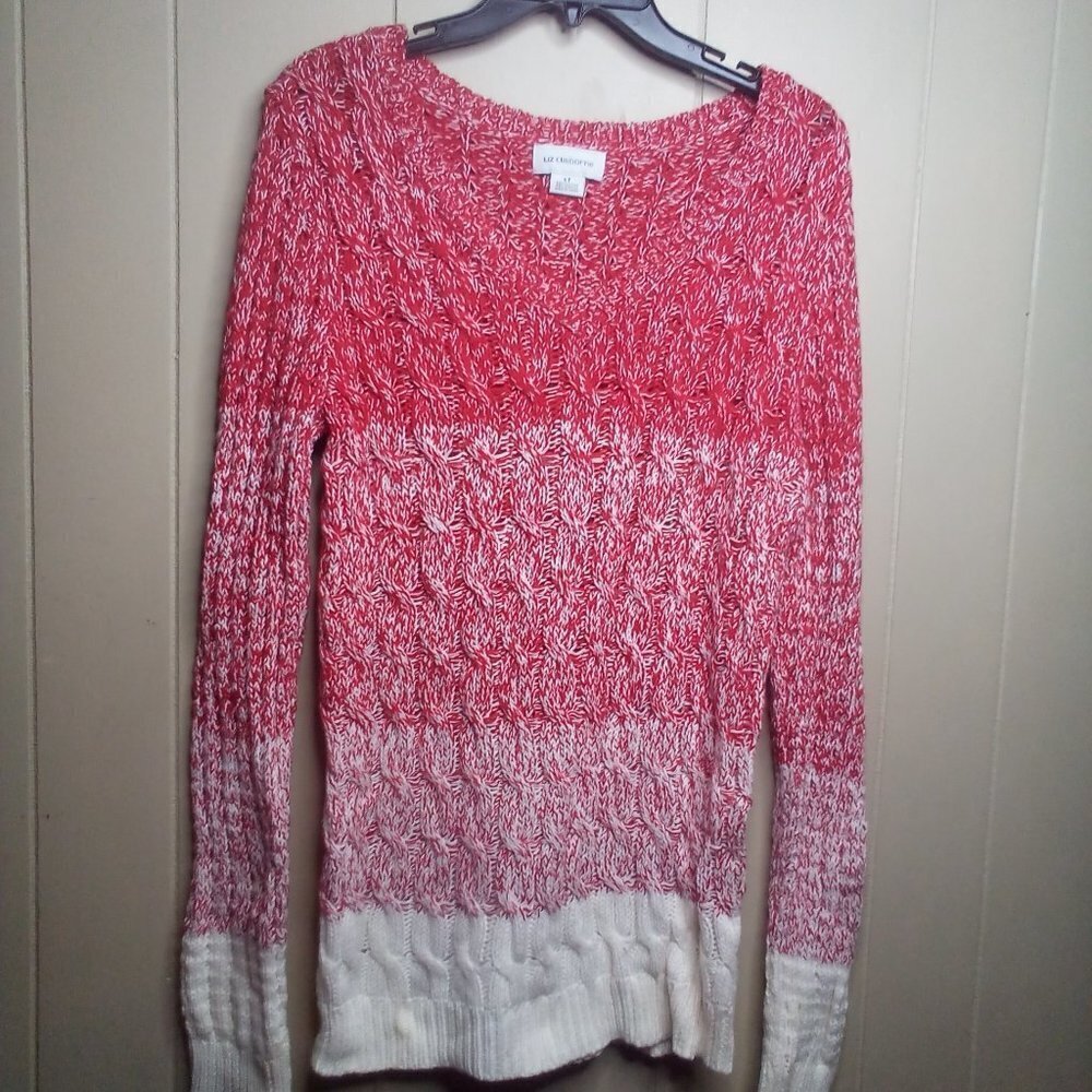 Liz Claiborne Sweater L Pullover Long Sleeve V-Neck Red White